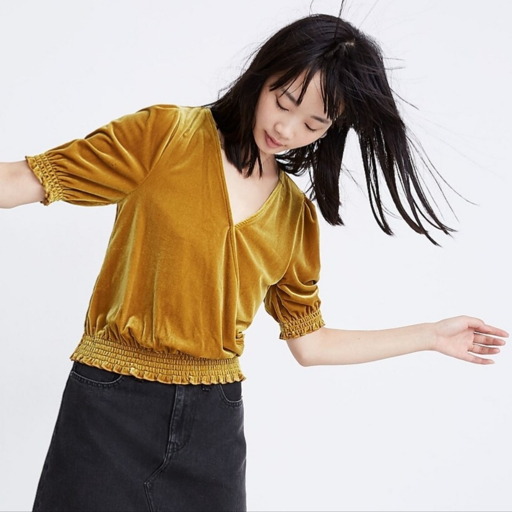 Madewell Velvet Smocked Crossover Top - Mustard Gold‎ - Size Medium